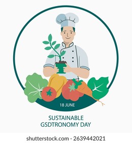 Minimalist silhouette vector of a chef holding a plant, surrounded by vegetables and eco utensils in a circular layout, symbolizing sustainability for Sustainable Gastronomy Day, jun 18 