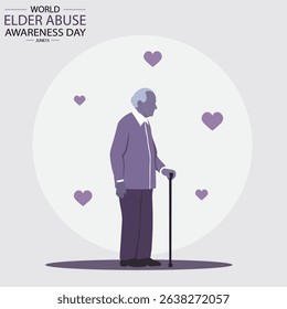 Minimalist silhouette vector of an elderly person with a walking stick, symbolizing dignity and care. Designed for World Elder Abuse Awareness Day, June 15.