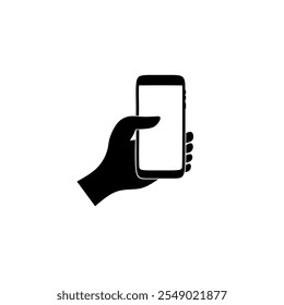 Vector de silueta minimalista de una mano que sostiene un teléfono inteligente. Representación de la tecnología, la comunicación y la interacción digital. Ideal para representar el estilo de vida moderno y la conectividad digital.