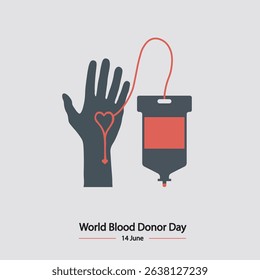 Minimalist silhouette vector of a human hand connected to a blood bag, forming a heart shape with the tube. Symbolizes love, life, and giving on World Blood Donor Day.