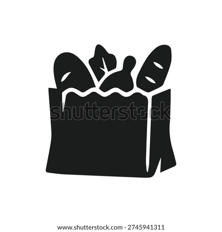 Minimalist silhouette vector of a shopping bag full of groceries. Ideal for food delivery, supermarket apps, or market logos.