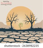 Minimalist silhouette vector for World Day to Combat Desertification and Drought, featuring dry trees and cracked earth to raise awareness of land degradation. bright sun , lone sprout