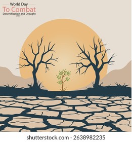 Minimalist silhouette vector for World Day to Combat Desertification and Drought, featuring dry trees and cracked earth to raise awareness of land degradation. bright sun , lone sprout