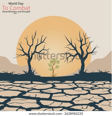 Minimalist silhouette vector for World Day to Combat Desertification and Drought, featuring dry trees and cracked earth to raise awareness of land degradation. bright sun , lone sprout