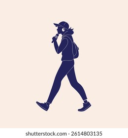 Minimalist Silhouette of a Walking Person with Backpack and Microphone