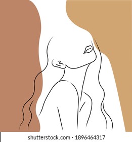 Minimalist Silhouette Of Woman With Long Curly Hair. White Background With Pastel Colors. Line Drawing.