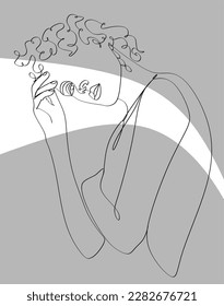 Minimalist silhouette of woman with long curly hair. White background with pastel colors. Line drawing.