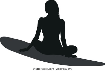 Minimalist silhouette of a woman sitting on a surfboard drawing, evoking tropical beach vibes, wave riding energy, and a modern coastal lifestyle aesthetic.