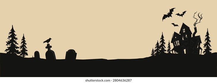 Minimalist silhouetted haunted mansion at graveyard landscape with beige background for Halloween ad campaign banner graphic illustration have blank space.