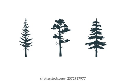 Minimalist silhouettes of three different evergreen trees with distinct shapes, ideal for nature-themed designs and creative projects