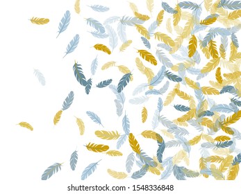 Minimalist silver gold feathers vector background. Falling feather elements soft vector design. Plumage fluff dreams symbols. Decoration confetti of carnival plumelet.