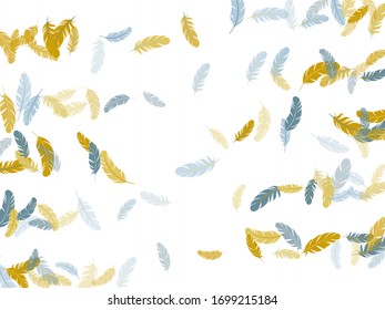 Minimalist silver gold feathers vector background. Plumage bohemian fashion shower decor. Quill plumelet silhouettes illustration. Flying feather elements airy vector design.