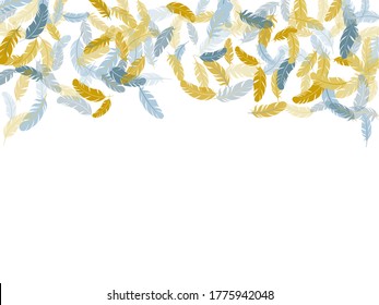Minimalist silver gold feathers vector background. Soft plumelet native indian ornament. Bird wing plumage boho line art. Flying feather elements airy vector design.