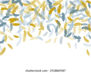 El oro plateado minimalista se nutre del fondo vectorial. Las plumas giradas y esponjosas sobre el diseño blanco. Decoración de la ducha de moda con glamour de plumaje. Patrón flotante ligero de plumelet con viento.