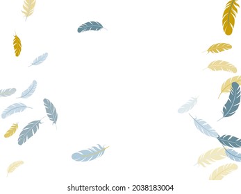 Minimalist silver gold feathers vector background. Fluffy twirled feathers on white design. Smooth plumelet tribal ornate graphics. Wildlife nature isolated plumage.