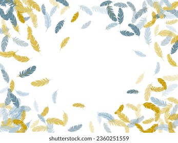 Minimalist silver gold feathers vector background. Decorative confetti of festive plumelet. Angel wing plumage concept. Fluffy twirled feathers on white design.