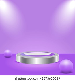Podio redondo plateado minimalista con foco y fondo púrpura, elegante escenario 3D para exhibición o promoción de productos.