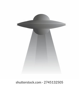 Minimalist silver UFO vector icon with white tractor beam in the background.