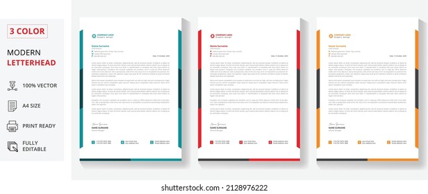minimalist simple attractive letterhead template with 3 color. orange, red, blue editable letterhead, letter head design