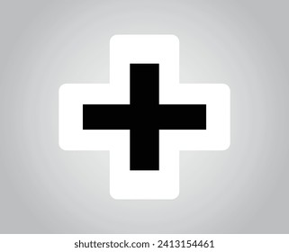 Minimalist simple black plus cross symbol icon with white border isolated on grey background