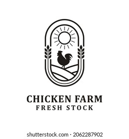 Minimalist and Simple Chicken Farm Logo.chicken farm logo vector illustration design, rooster on fence vintage logo design
