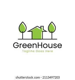 minimalist and simple green house line logo design