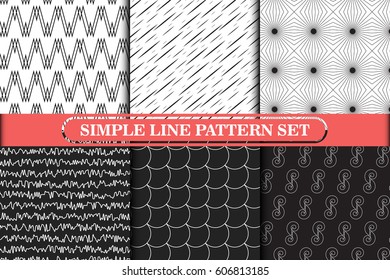 Minimalist, simple line geometric seamless pattern collection. Retro and modern style design monochrome background or wallpaper set. Black and white colors.