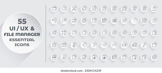 Minimalist and Simple Linear UI UX Essential Icon Set for File Manager App. File Explorer App Interface Icon Pack Design Vector Template. Customizable outlined isolated user interface icon elements.
