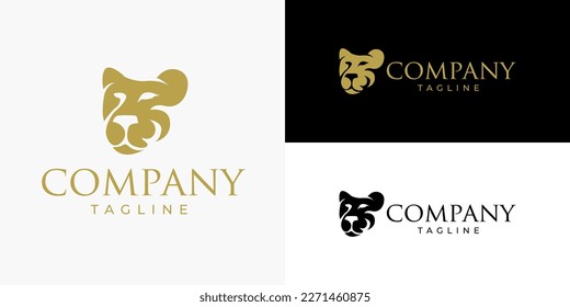 minimalist simple lioness panther head logo template for brand business company represents their strength, courage, and femininity. gold color black background