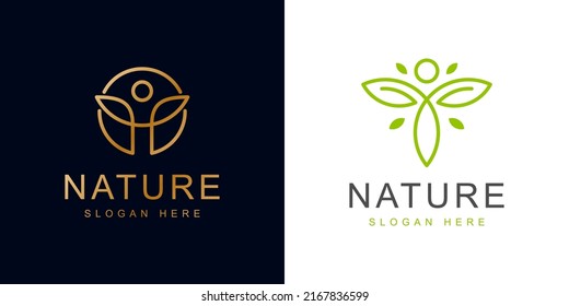 minimalist simple logo of people leaf for healthy life, Wellness Green Leaf Leaves with Human icon symbol, for Meditation, Yoga, Spa, Therapy logo design