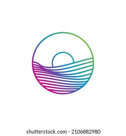 Minimalist and simple Modern ocean and sun icon, logo template, negative space ocean logo wave, sea, sun, beach, island,
