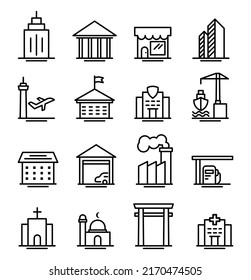 Minimalist simple Set of Buildings Related Vector Line Icons. Contains such Icons as Church, Mosque Stadium, Medical Hospital and more. Editable Stroke. Let's Make your design Easier