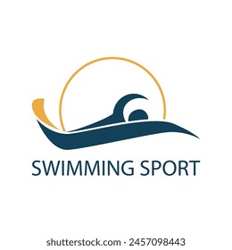 Minimalist simple swim logo template athlete with ocean water vector illustration.