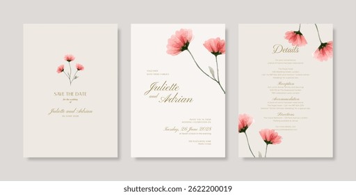 Minimalistische und einfache Hochzeitskarte Vorlage mit einer schönen Aquarell Blumengrafik.