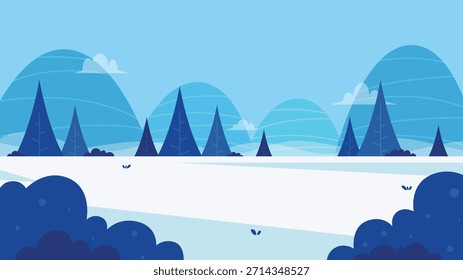 Ilustración plana de paisaje invernal minimalista y simple con arbustos azules y pinos contra un cielo azul claro adecuado para Fondo de pantalla, eventos de diciembre y diseños de temporada.