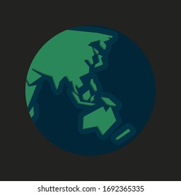 Minimalist and simplified lines world map globe in blue and green focused in Asia and Oceania
