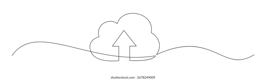 Un dibujo minimalista de una sola línea continua de una nube con una flecha Cargar. Diseño limpio para tecnología, datos o conceptos empresariales modernos.