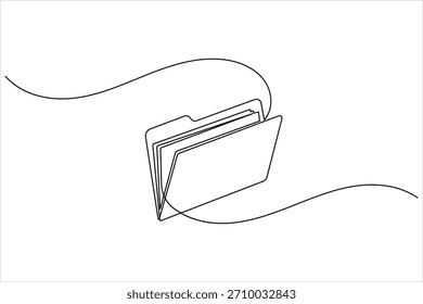 Un dibujo minimalista de una sola línea continua de una carpeta de archivos abierta que almacena documentos.