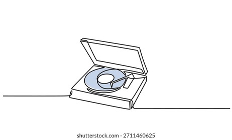 Desenho de linha contínua único minimalista, ilustração vetor de equipamento de áudio vintage, registro de vinil clássico. Símbolo de DJ de festa retrô, som analógico e nostalgia musical.