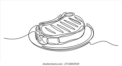 Ein minimalistisches einzelnes durchgehendes Strichbild eines gegrillten Steaks auf einem Teller. Vektorgrafik, Illustration
