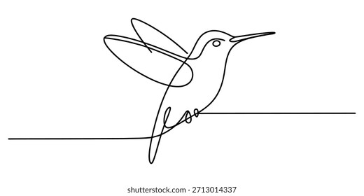 Un dibujo minimalista de una sola línea continua que captura el elegante movimiento de un Vector de colibrí flotando, ilustración