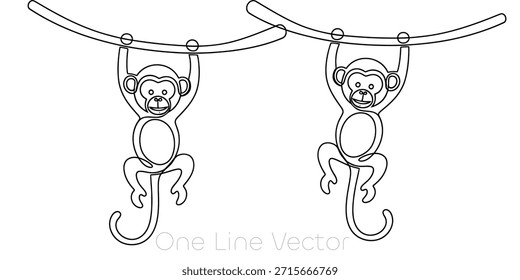 Um desenho minimalista de uma única linha contínua de um macaco brincalhão pendurado em um galho de árvore. Ideal para projetos simples, livros infantis ou projetos de vida selvagem. Ilustração vetorial