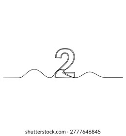 A minimalist single continuous line drawing of the number two, presented in a clean black and white graphic style. Ideal for educational materials, counting concepts, or design elements.