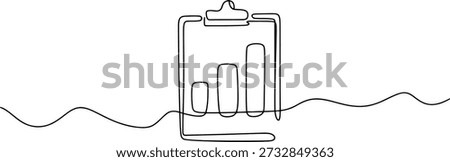 Minimalist single continuous line drawing of a clipboard with a bar chart, symbolizing business analysis, progress, and data visualization.