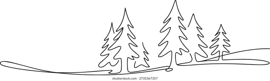 Minimalist single continuous line sketch showing evergreen fir trees standing tall over undulating snowy terrain representing peaceful winter forest or outdoor wilderness setting perfect for seasonal design