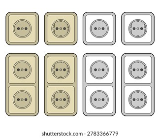 Minimalist single and double EU electrical wall sockets in beige and gray isolated on white background. Flat style vector icons for interior design projects, architectural blueprints, technical documentation, manuals, guides, and home improvement content