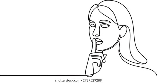 Minimalist single line art illustration of a female face making a shush gesture