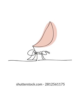 Minimalist single line art illustration of a tiny ant lifting a leaf with soft pastel color fill