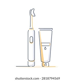 Minimalist single line art illustration of an electric toothbrush next to a tube of toothpaste isolated on white background