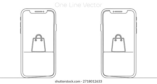 Minimalist single line art of mobile phones displaying shopping bag icons representing digital marketplace, electronic commerce, and modern consumerism on a clean white background. Vector illustration